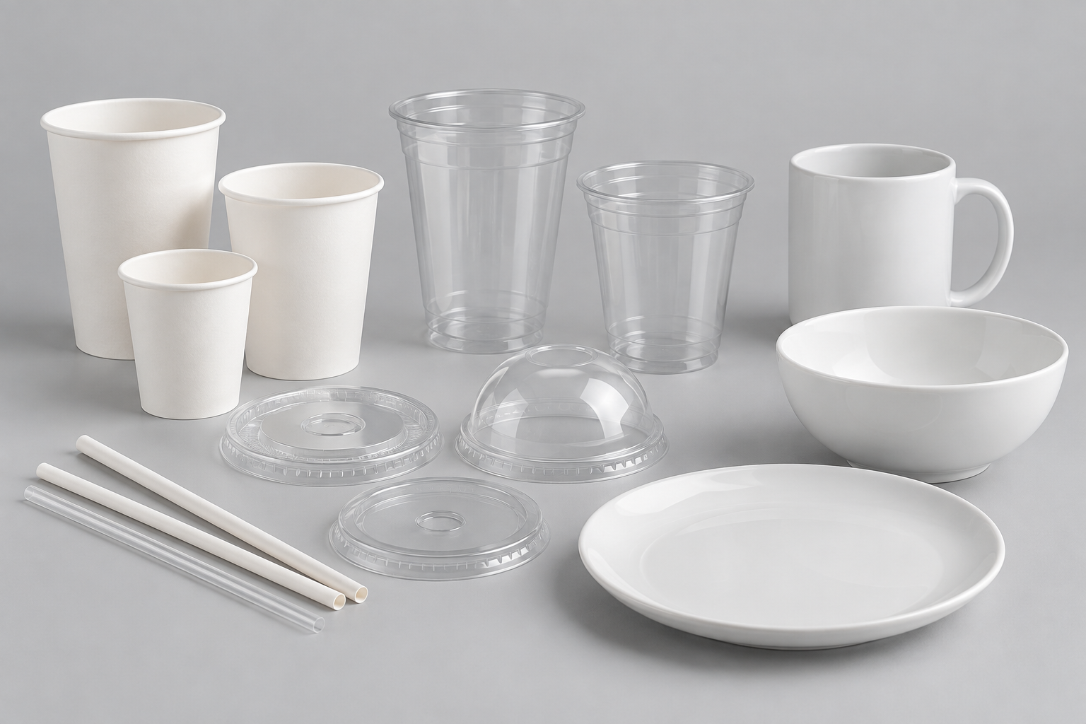 Illustrative arrangement of plain paper and plastic cups, straws, flat and dome lids, and white ceramic tableware