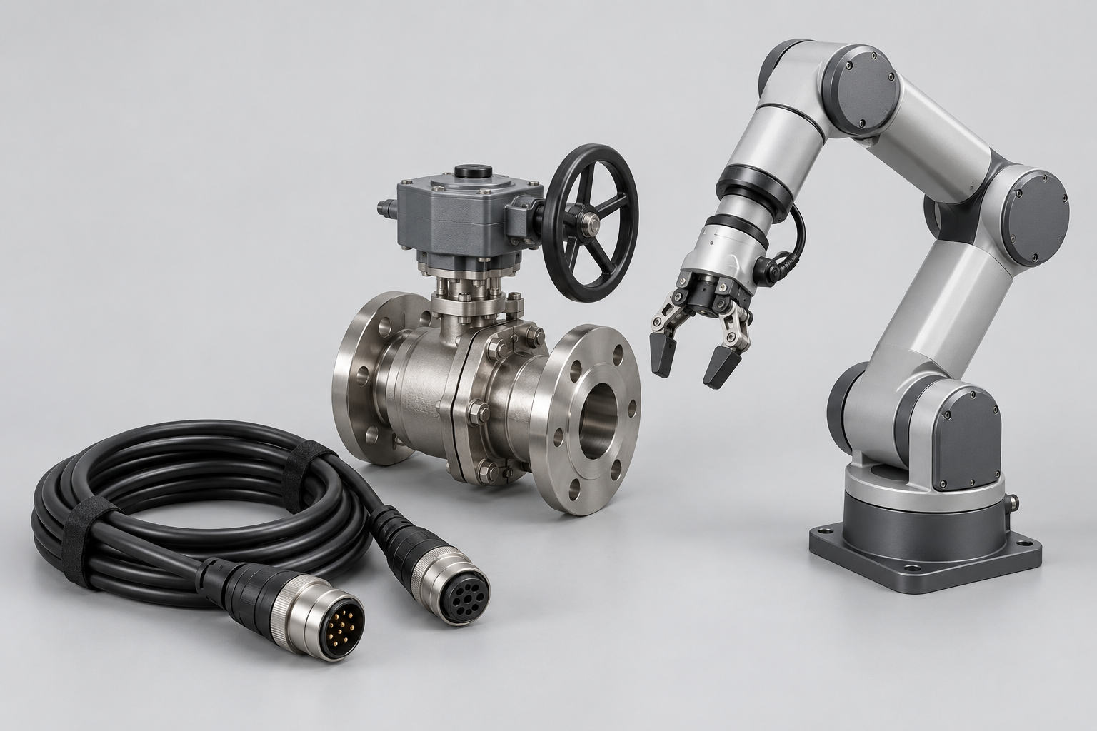 Illustrative examples of an industrial cable, metal valve, and articulated robotic arm